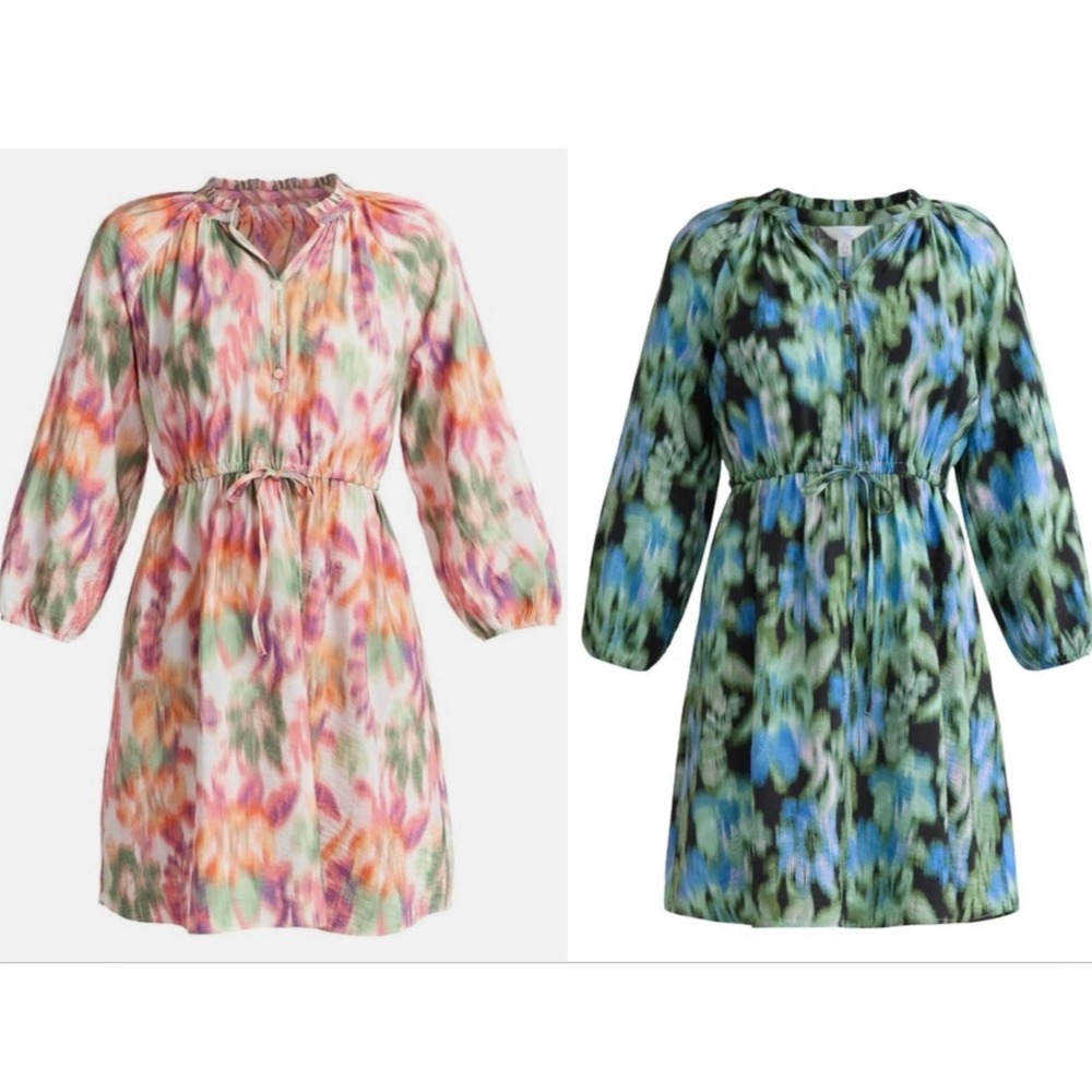 LOT/2 NWT Time &Tru V-NECK MINI DRESS Pink&Blue/Green Ikat Print XXL-XXXL 20-22